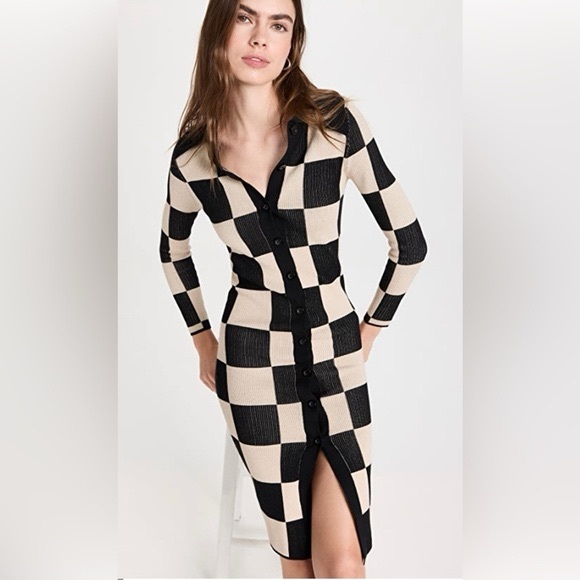 O.P.T naha sweater dress Kourt Checkered Black and Cream Button-Down Dress - Picture 1 of 7
